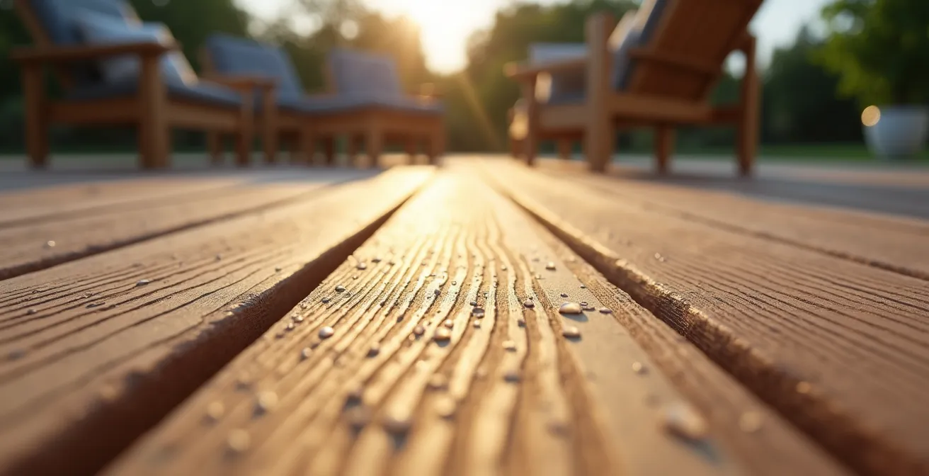 Gros plan sur les matériaux d'une terrasse de mobil-home en bois composite
