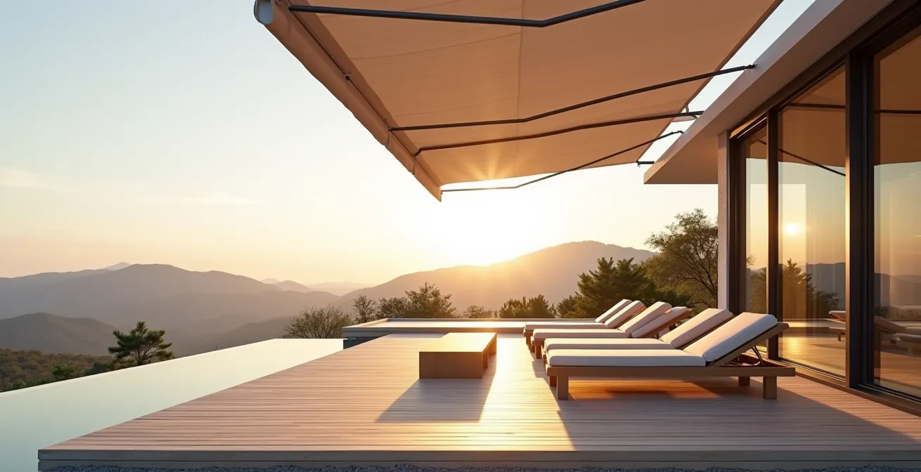 Terrasse couverte de mobil-home aménagée avec mobilier de jardin au coucher du soleil